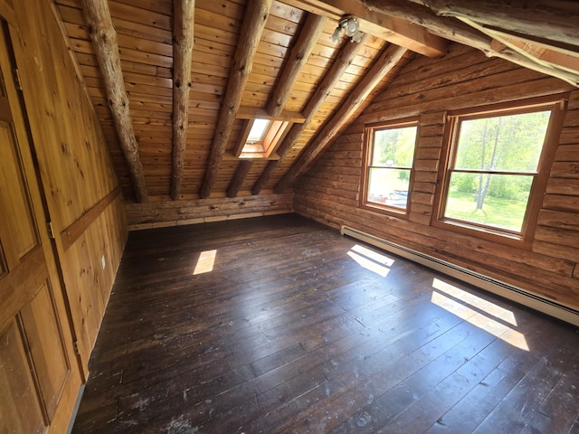 369 Hawes Bridge Rd, Prospect, ME 04981 - additional living space featuring dark wood-style floors, wooden ceiling, a baseboard radiator, and a skylight