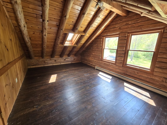 369 Hawes Bridge Rd, Prospect, ME 04981 - bonus room with dark wood-style floors, wooden ceiling, a baseboard radiator, and a skylight