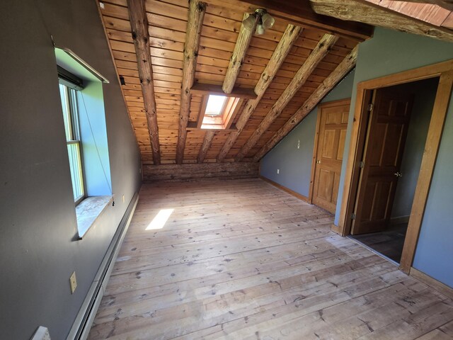 369 Hawes Bridge Rd, Prospect, ME 04981 - additional living space with a skylight, hardwood / wood-style flooring, wooden ceiling, and baseboards