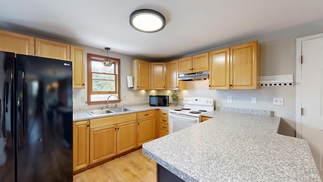 kitchen with black appliances, under cabinet range hood, a sink, and light countertops