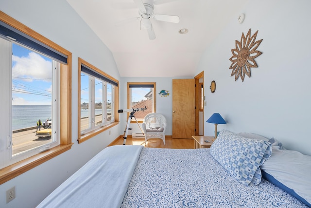 347 Webhannet Dr, Wells, ME 04090 - bedroom featuring a ceiling fan, light wood-type flooring, and lofted ceiling