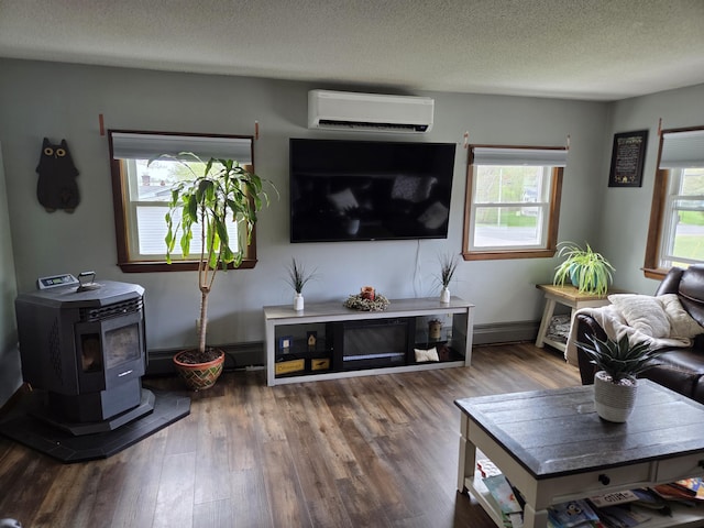 134 Minuteman Dr, Millinocket, ME 04462 - living room featuring plenty of natural light, wood finished floors, a wood stove, an AC wall unit, and a textured ceiling