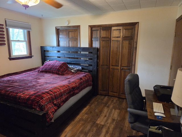 134 Minuteman Dr, Millinocket, ME 04462 - bedroom featuring dark wood-type flooring, ornamental molding, an office area, and a ceiling fan