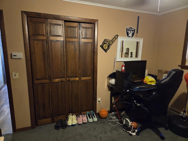 134 Minuteman Dr, Millinocket, ME 04462 - home office featuring carpet floors, crown molding, and baseboards