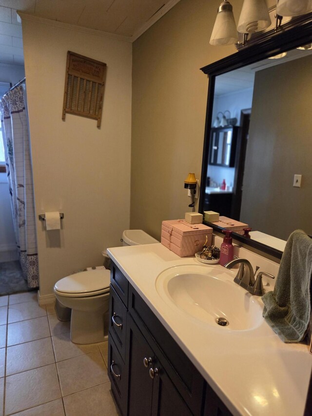 134 Minuteman Dr, Millinocket, ME 04462 - bathroom with vanity, toilet, tile patterned floors, and curtained shower