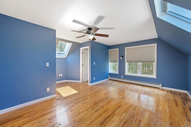 573 Exeter Rd, Corinth, ME 04427 - bonus room with a baseboard heating unit, a skylight, a ceiling fan, vaulted ceiling, and hardwood / wood-style flooring