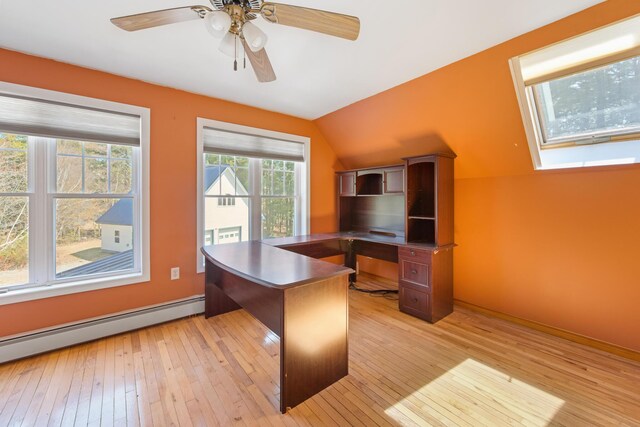573 Exeter Rd, Corinth, ME 04427 - home office with light wood-type flooring, baseboard heating, and ceiling fan