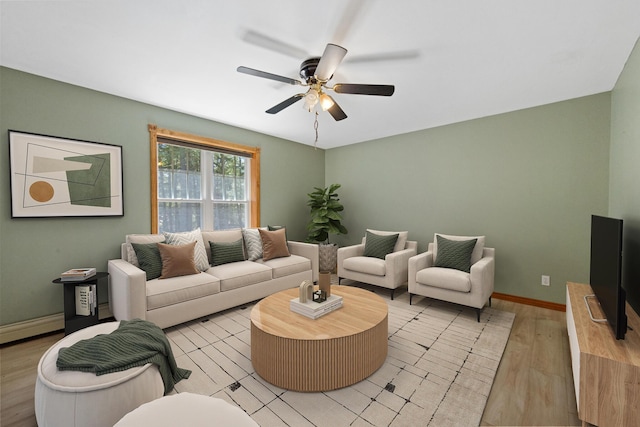 573 Exeter Rd, Corinth, ME 04427 - living area featuring a ceiling fan, light wood-style floors, and baseboards
