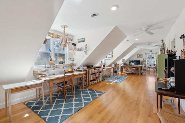home office with ceiling fan, recessed lighting, baseboards, wood finished floors, and visible vents