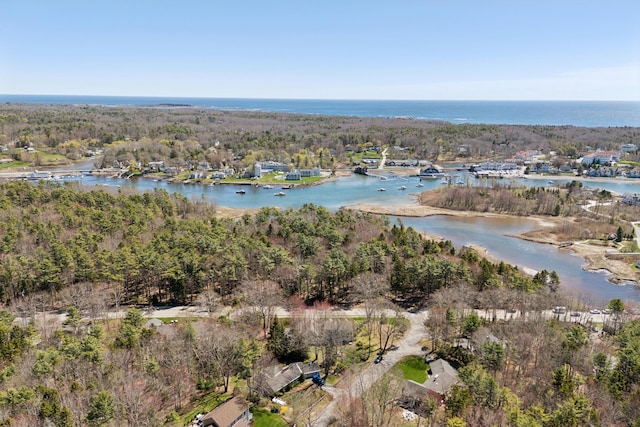 aerial view featuring a water view and a forest view
