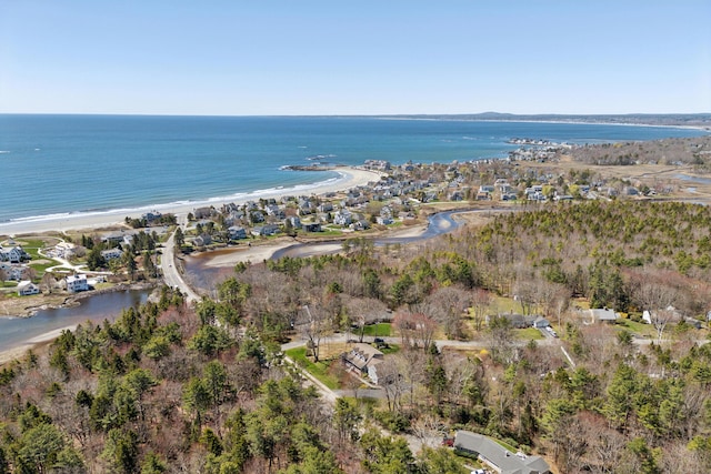 aerial view with a water view and a view of the beach