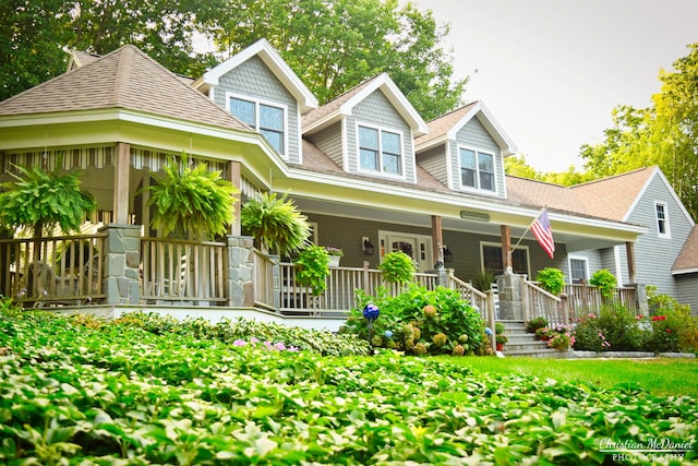 view of front of home featuring covered porch and roof with shingles