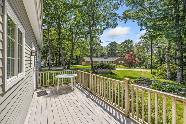 59 Beach Ave, Kennebunk, ME 04043 - wooden terrace featuring view of wooded area and a yard