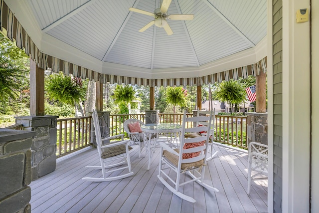 59 Beach Ave, Kennebunk, ME 04043 - wooden deck with a ceiling fan and a gazebo