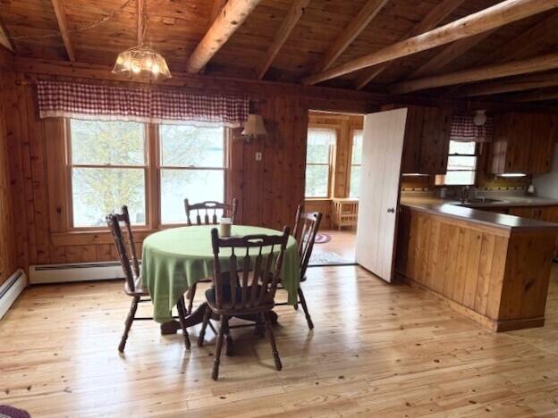 160 Pinkhams Cove Rd, Belgrade, ME 04917 - dining space featuring baseboard heating, wooden ceiling, light wood finished floors, wooden walls, and vaulted ceiling with beams