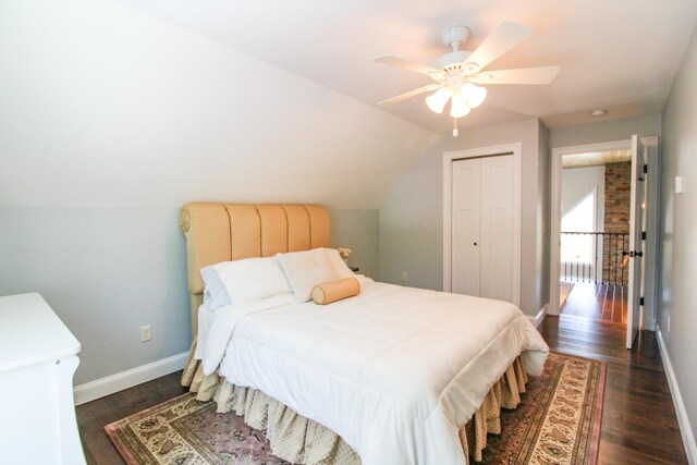28 First St, Bethel, ME 04217 - bedroom with baseboards, dark wood-style floors, a closet, and ceiling fan