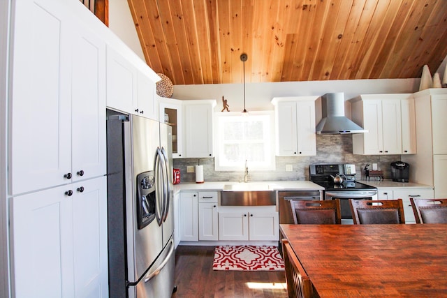 28 First St, Bethel, ME 04217 - kitchen featuring wall chimney exhaust hood, a sink, stainless steel appliances, butcher block countertops, and wood ceiling