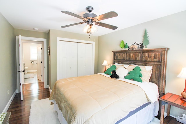 28 First St, Bethel, ME 04217 - bedroom featuring wood finished floors, a closet, baseboards, and a ceiling fan