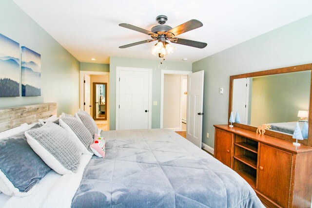 28 First St, Bethel, ME 04217 - bedroom featuring ceiling fan, baseboards, and recessed lighting