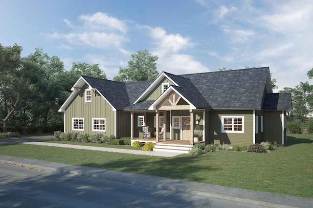 view of front of property featuring a front yard, board and batten siding, and a porch