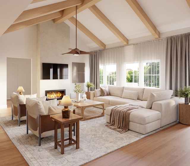 living area with high vaulted ceiling, a fireplace, wood finished floors, beamed ceiling, and ceiling fan