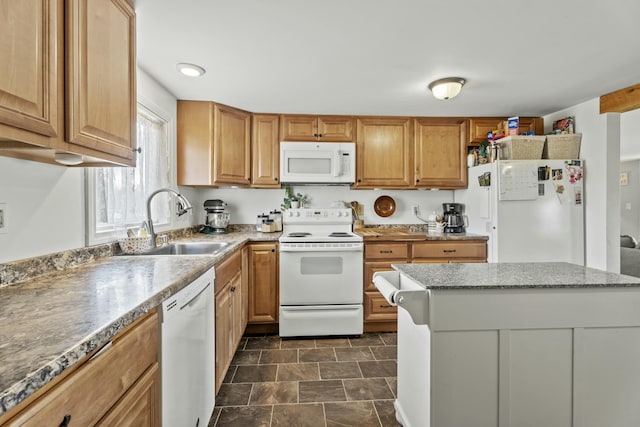 834 Main St, Bradley, ME 04411 - kitchen with a sink, a center island, light stone counters, and white appliances