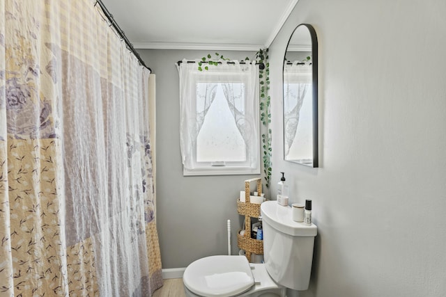 834 Main St, Bradley, ME 04411 - bathroom featuring baseboards, ornamental molding, toilet, and a shower with shower curtain
