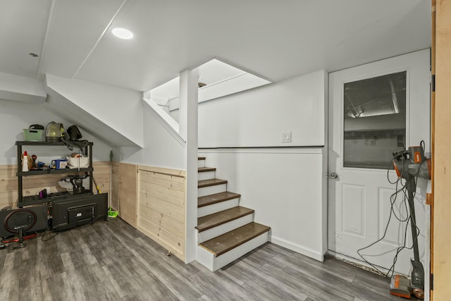 834 Main St, Bradley, ME 04411 - basement featuring stairs and wood finished floors
