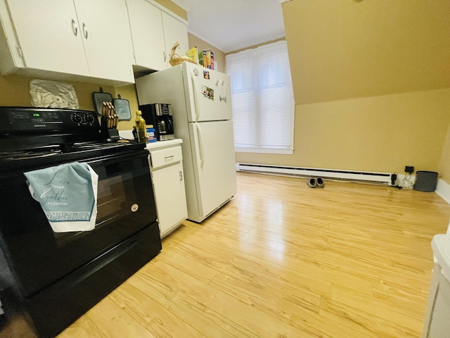132 E Main St, Dover-Foxcroft, ME 04426 - kitchen with black / electric stove, a baseboard heating unit, light wood-type flooring, and white cabinetry