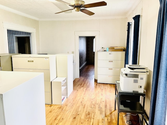 132 E Main St, Dover-Foxcroft, ME 04426 - bedroom with light wood-style flooring, ornamental molding, and a ceiling fan