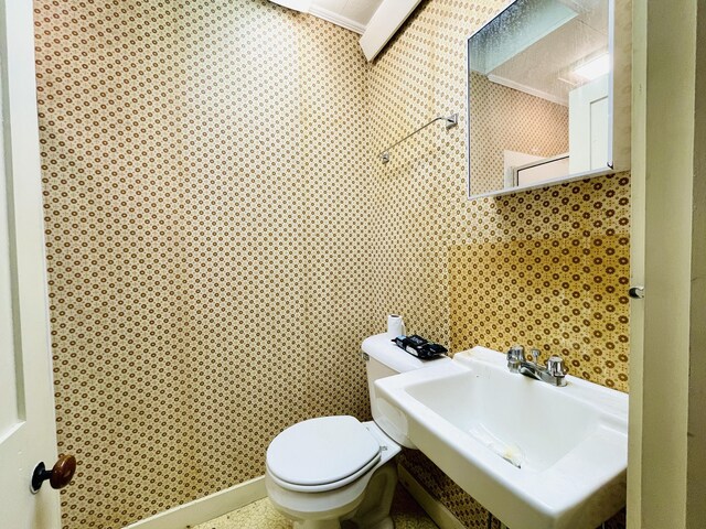 132 E Main St, Dover-Foxcroft, ME 04426 - bathroom featuring a sink, toilet, and wallpapered walls