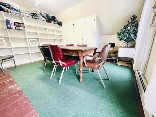 132 E Main St, Dover-Foxcroft, ME 04426 - dining room featuring lofted ceiling, carpet, an office area, and baseboard heating
