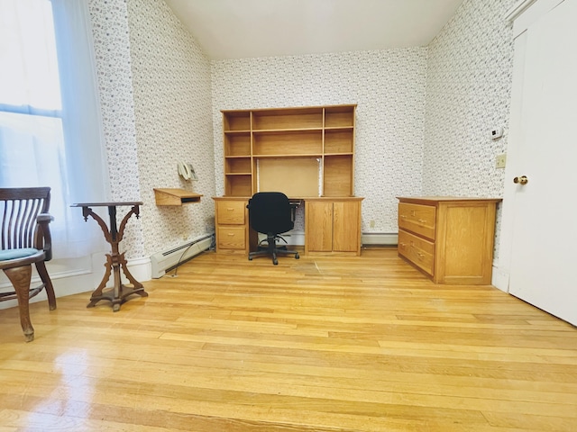 132 E Main St, Dover-Foxcroft, ME 04426 - office with wallpapered walls, light wood-style flooring, a baseboard heating unit, and vaulted ceiling