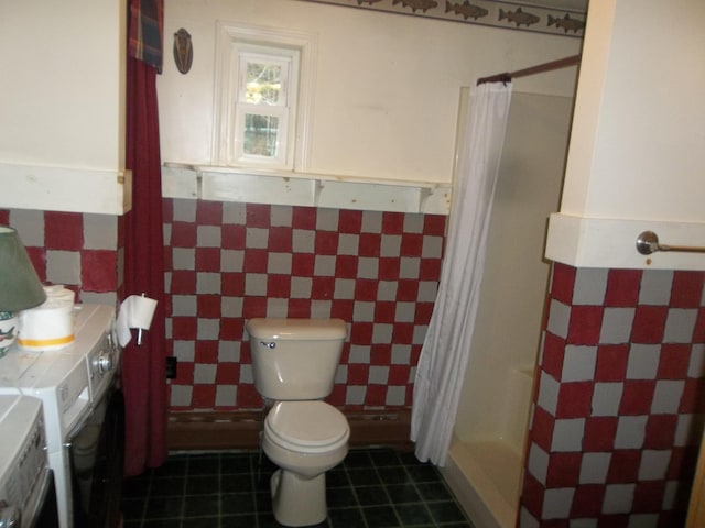 8 Varney Loop, Crawford, ME 04694 - full bath with tile patterned flooring, tile walls, a shower with curtain, and toilet
