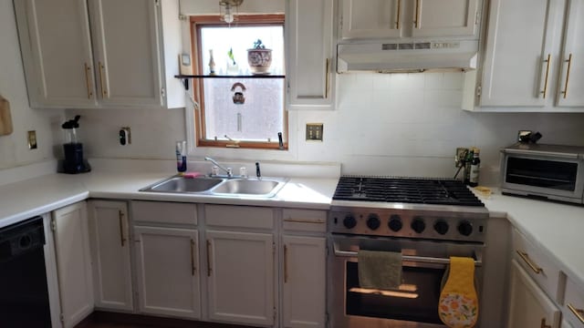 5 Johnson St, Eastport, ME 04631 - kitchen with light countertops, dishwasher, high end stainless steel range oven, under cabinet range hood, and a sink