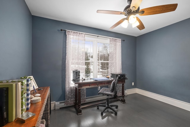 51 Bridge St, Belfast, ME 04915 - office area with baseboards, a ceiling fan, wood finished floors, and baseboard heating