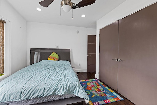 bedroom featuring recessed lighting, wood finished floors, a closet, and ceiling fan