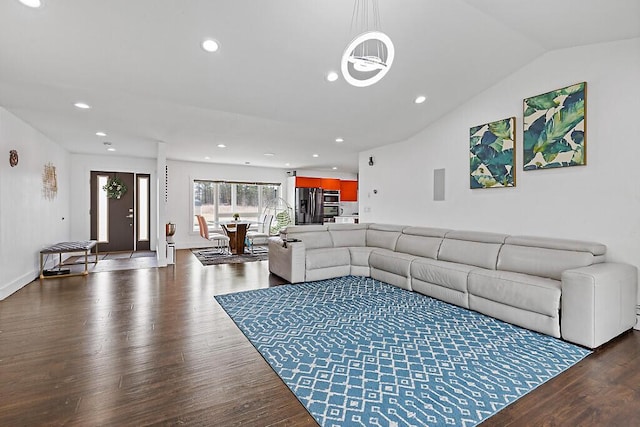 living room with recessed lighting and wood finished floors