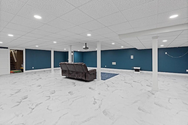 unfurnished living room with stairway, baseboards, and recessed lighting
