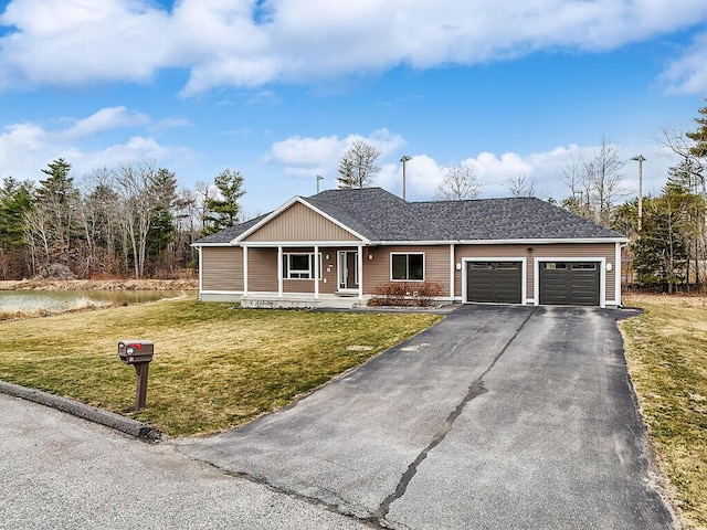 ranch-style house with a garage, driveway, a porch, and a front yard