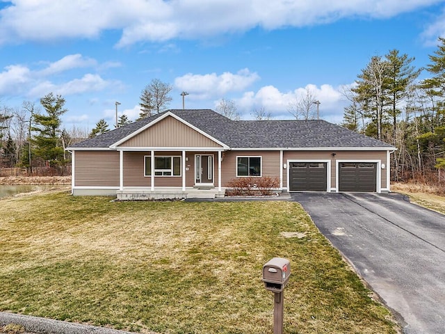 view of front of home with aphalt driveway, an attached garage, a porch, a front yard, and roof with shingles