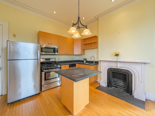727 Congress St Unit 5, Portland, ME 04102 - kitchen featuring crown molding, open shelves, stainless steel appliances, a sink, and light wood-style floors