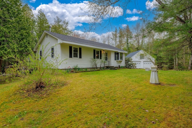 927 Pleasant St, Blue Hill, ME 04614 - ranch-style house with a garage, an outbuilding, and a front lawn
