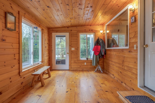 927 Pleasant St, Blue Hill, ME 04614 - entrance foyer featuring wood walls, light wood-style flooring, and lofted ceiling