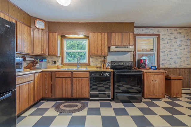 927 Pleasant St, Blue Hill, ME 04614 - kitchen with black appliances, a sink, under cabinet range hood, light floors, and light countertops