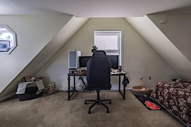 office area with carpet flooring and lofted ceiling