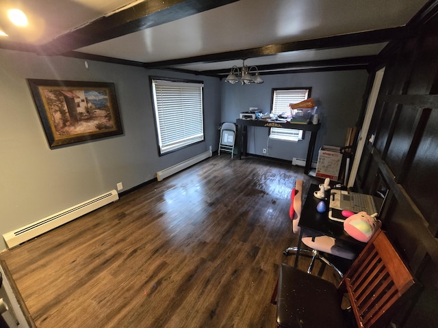 dining room featuring beamed ceiling, baseboard heating, wood finished floors, and an inviting chandelier