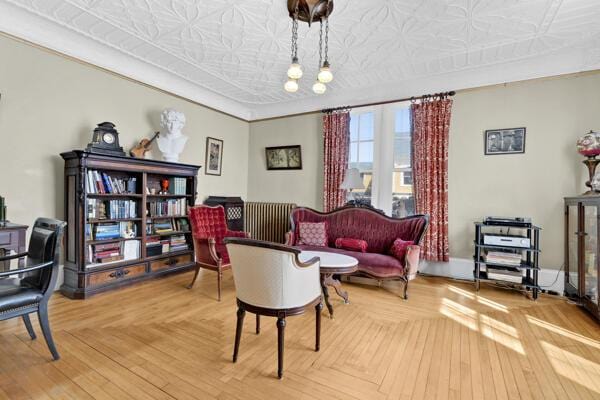 living area with an ornate ceiling