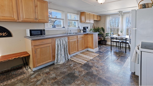 4 Burgess Rd, Guilford, ME 04443 - kitchen featuring baseboards, a sink, white electric range, and stone finish flooring