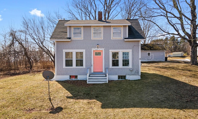 4 Burgess Rd, Guilford, ME 04443 - view of front of home featuring a chimney, a shingled roof, a front lawn, and entry steps